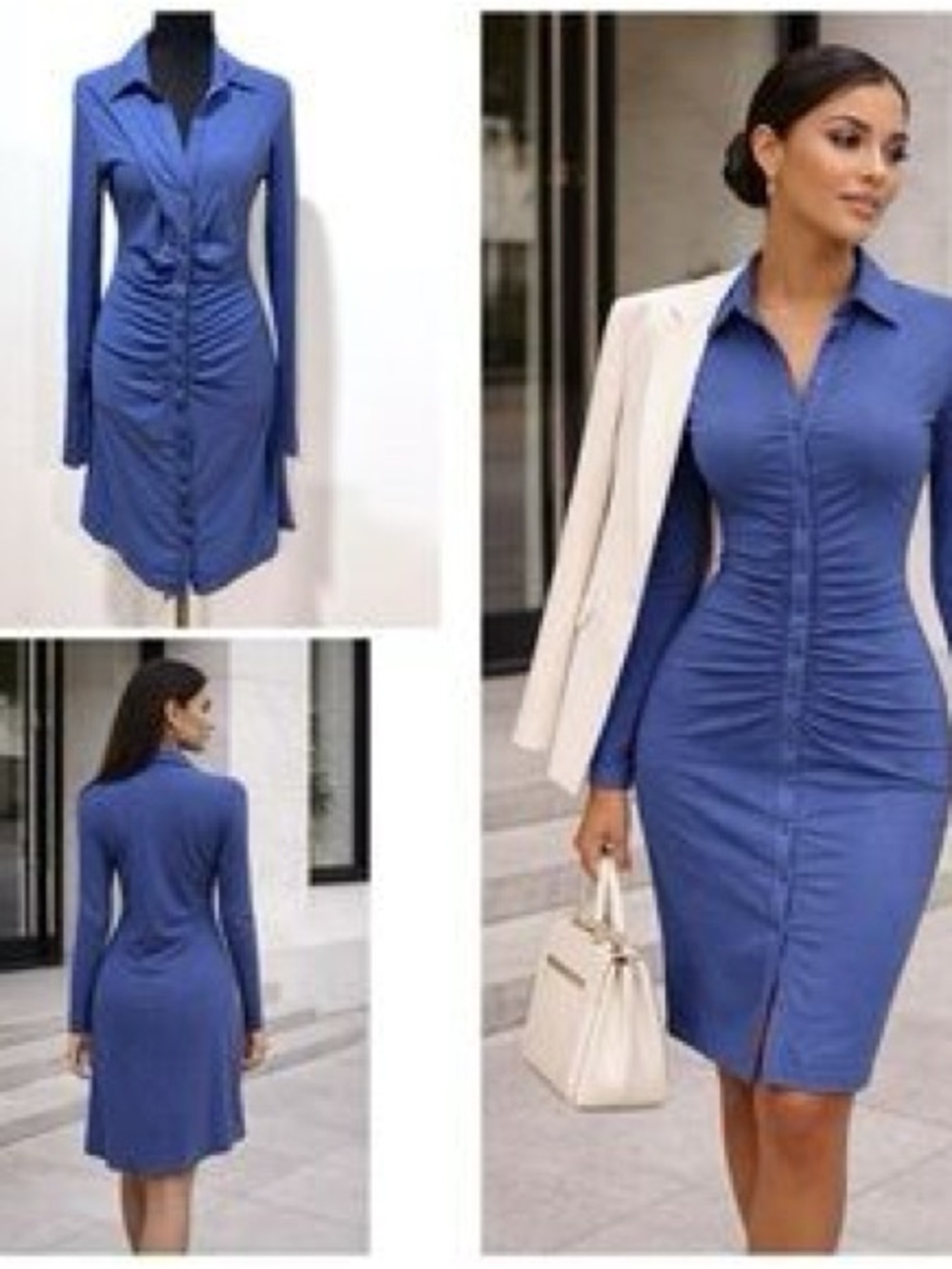 Sundry Royal Blue Long-Sleeve Ruched Shirt Dress Size 4